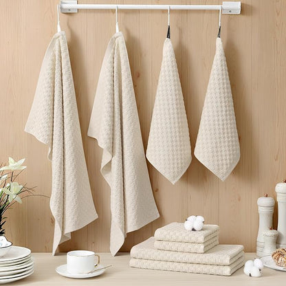 Homaxy 100% Cotton Kitchen Towels and Dishcloths Set, 12 x 12 & 15 x 25 Inches, Set of 10 Bulk Terry Cloth Dish Towels, Super Soft and Absorbent Hand Towel with Hanging Loop, Beige