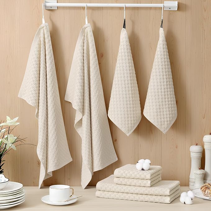 Homaxy 100% Cotton Kitchen Towels and Dishcloths Set, 12 x 12 & 15 x 25 Inches, Set of 16 Bulk Terry Cloth Dish Towels, Super Soft and Absorbent Hand Towel with Hanging Loop, Beige