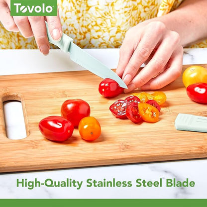Tovolo Paring Knife Set of 2 Stainless Steel 8 Inch Kitchen Knives with Protective Blade Cover, Sharp Small Comfort Grip Handle Paring Knife Set for Cutting Slicing Dicing, Blue Haze & Oyster Gray