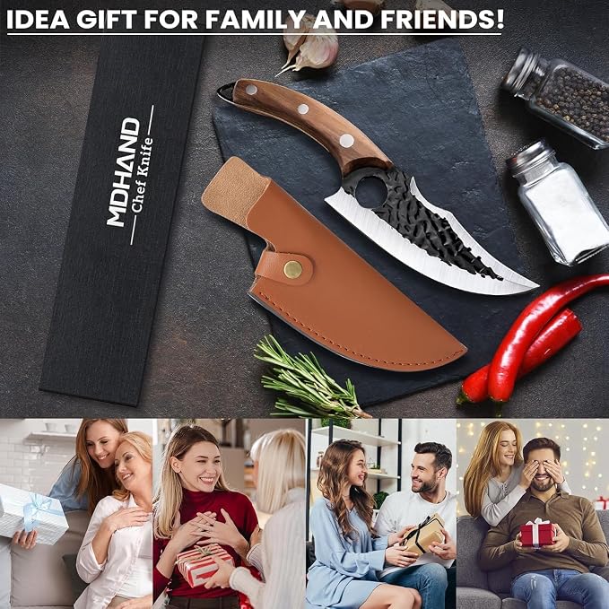 MDHAND Chef Knife - Hand Forged Kitchen Knife, High Carbon Steel Butcher Knife for Meat Cutting, Japanese Chef Knives for Camping, Outdoor, BBQ, Gifts for Men