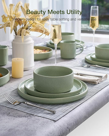 Famiware Star 16-Piece Stoneware Dinnerware Sets for 4 - Shallow Pasta Bowls & Flat Plates, Modern Rustic Reactive Glaze Dishes, Chip & Scratch Resistant, Microwave & Dishwasher Safe, Matte Sage Green