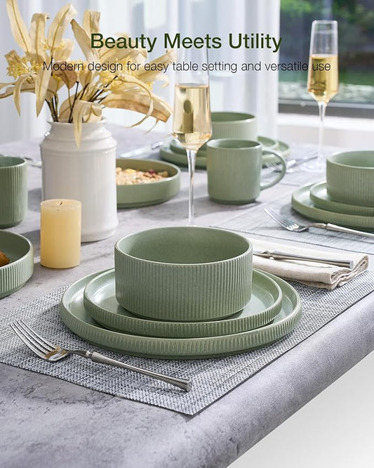 Famiware Star 24-Piece Reactive Glaze Plates and Bowls Sets, Service for 8 - Stoneware Dinnerware Set, High Edge Ribbed Dishes, Chip & Scratch Resistant, Microwave & Dishwasher Safe, Matte Sage Green