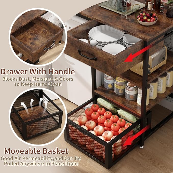 METYERRY Kitchen Bakers Rack with Power Outlet, Microwave Stand with Drawer, Mini Fridge Stand with Adjustable Shelves,Mini Fridge Cabinet Suitable for Dining Room, Dorm,Home, Rustic Brown