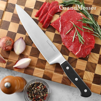 Chef Knife in Japanese Steel AUS-8, 8 Inch Professional Kitchen Knife, Ultra Sharp Cooking Knife with Color Block Ergonomic Handle.