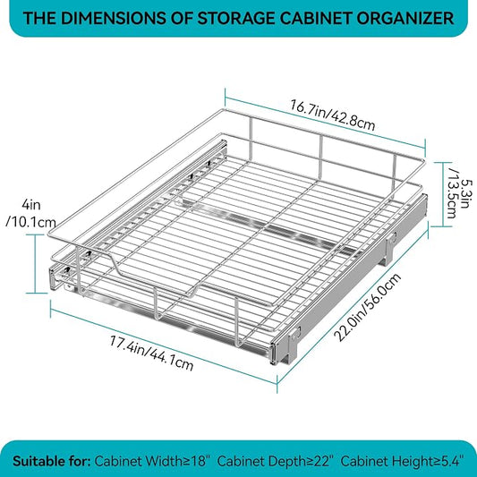 Pull Out Cabinet Organizer 17" W X 22" D, Slide Out Drawers For Kitchen Organizers and Storage, Pull Out Drawers For Cabinets Capacity Heavy Duty Caddy, Cabinet Shelves Chrome-Plated, Bathroom Pantry