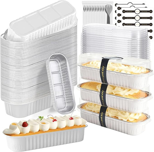 Mini Loaf Pans With Lids And Spoons 100 Pack,6.8 Oz Rectangle Mini Individual Cake Tins, Disposable Small Aluminum Foil Baking Pans, Baking Containers for Party and Picnics (White)