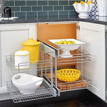 Rev-A-Shelf Chrome Two-Tier Wire Bottom Pullout Organizer for Blind Corner Base Kitchen Cabinets, Adjustable 4-Basket Storage System, Min Opening Width of 18", 5PSP-18-CR