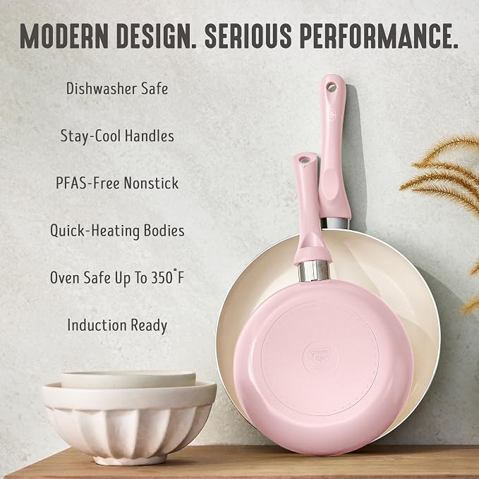 GreenLife 2-Piece Nonstick Frying Pan Set, 8” & 10” Skillets, Non-Toxic Ceramic Cookware, Dishwasher Safe, Stay-Cool Handles, Induction Ready, Fast Heating, Omelet Pan, PFAS Free, Blush Pink