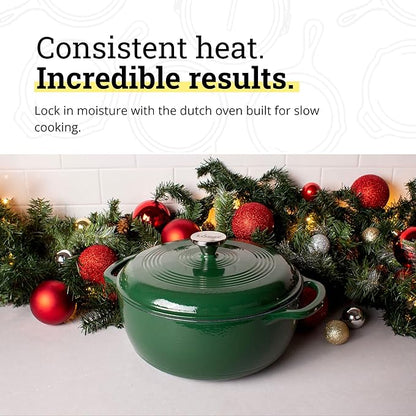 Lodge Essential Enamel Cast Iron Dutch Oven 6 Quarts - Perfect for Bread Baking, Braising, Marinating & Slow Cooking, Features Moisture-Sealing Lid & Dual Handles, Kitchen Essentials, Evergreen