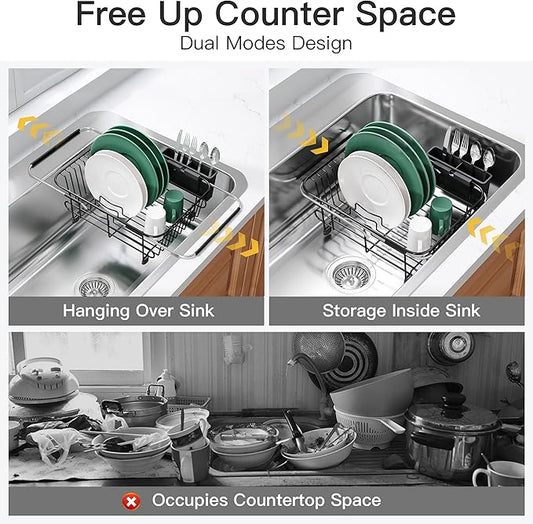 Apartment RV Small Dish Drainer Drying Rack Over The Sink In Stainless Steel for Narrow Kitchen, Counter Space Saving Compact Expandable Metal Plate Dryer Strainer, Black Adjustable Wire Drain Holder