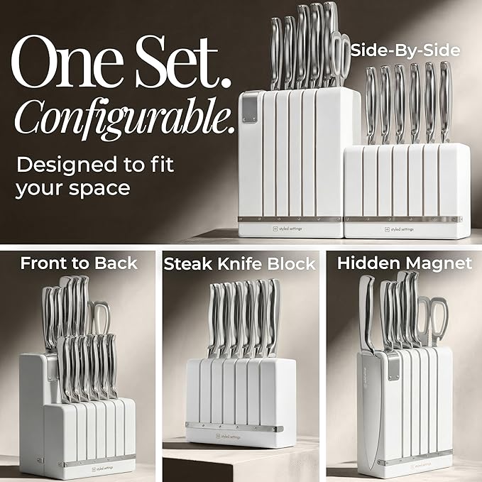 Magnetic Knife Set with Sharpener - Space Saving Convertible In Drawer Knife Block with Stainless Steel Kitchen Knives - Knife Drawer Organizer, German Steel Knife Set