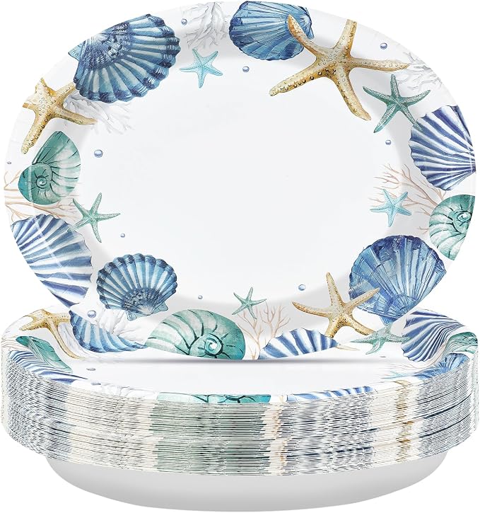 50Pcs Coastal Beach Oval Paper Plates 10" x 12" Large Disposable Heavy Duty Ocean Seashell Starfish Dessert Platters for Under the Sea Summer Hawaiian Picnic BBQ Holiday Birthday Party Decorations