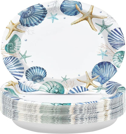 50Pcs Coastal Beach Oval Paper Plates 10" x 12" Large Disposable Heavy Duty Ocean Seashell Starfish Dessert Platters for Under the Sea Summer Hawaiian Picnic BBQ Holiday Birthday Party Decorations