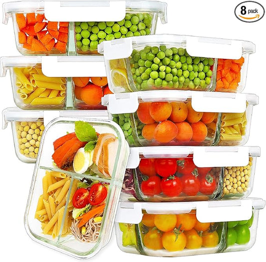 HOMBERKING 8 Pack Glass Meal Prep Containers 3 Compartment, 36oz Glass Food Storage Containers with Lids, Airtight Lunch Bento Boxes, Leak Proof (8 lids & 8 Container) - Light White