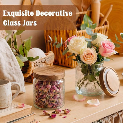 Suclain 6 Pcs 17 OZ Vintage Glass Jar with Acacia Wood Lids Airtight Glass Storage Canisters Kitchen Spice Jars Food Storage Containers for Pantry Coffee Grains Tea Sugar Flour(Fireworks)