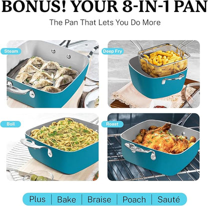 Gotham Steel 20 Piece Pots and Pans Set Nonstick Cookware Set, Pot and Pan Set, Kitchen Cookware Sets, Ceramic Cookware Set, Ceramic Pots and Pans Set, Pot Set, Dishwasher Safe, Aqua Blue