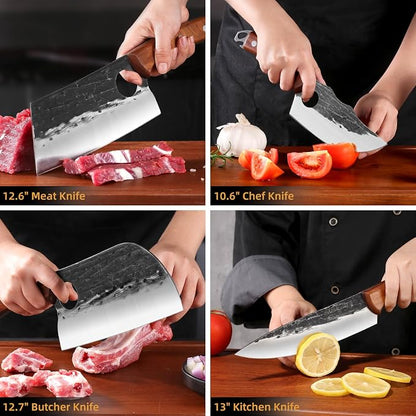 Chef Knife Set, 4 PCS Japanese Kitchen Butcher Knife Set, Serbian Chef Knives Meat Cleaver Viking Boning Knives, Professional Hand Forged, for Home Outdoor Cooking Camping BBQ