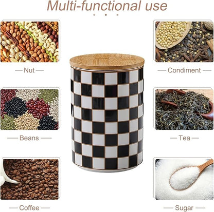 Kitchen Countertop Ceramic Checkered Canisters,Black And White Food Storage Containers With Lid,Airtight Kitchen Canisters for Flour, Sugar, Coffee, Tea, and Dry Goods (Black, XL)