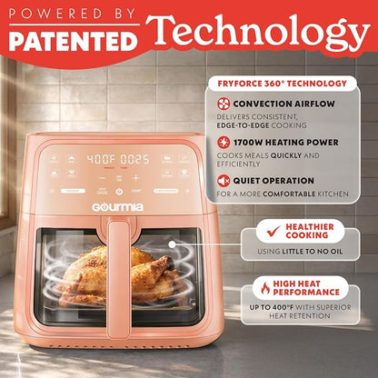 Gourmia 8 Qt Air Fryer, 8 Presets with Digital Display, FryForce 360° Technology, Easy View Window & Interior Light, Dishwasher Safe Basket, Peach