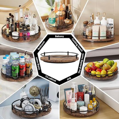 Lazy Susan Organizer：10 Inch Rotating Spice Rack Decor for Kitchen Countertop Round Wooden Turntable Holder for Dinning Room, Living Room, Home – Black
