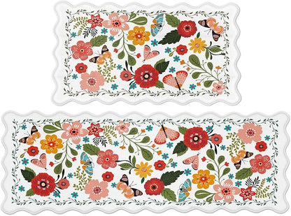 Arenarug Scalloped Kitchen Mats for Floor 2PC Cushioned Anti Fatigue Kitchen Mats Rugs Waterproof Non Slip Farmhouse Boho Floral Comfort Foam Standing Mat for Sink Laundry, White