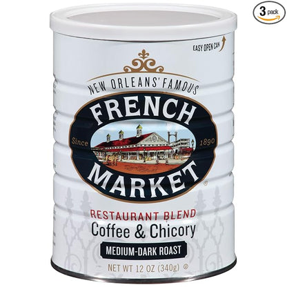 French Market Coffee & Chicory Restaurant Blend Medium-Dark Roast Ground Coffee, 12oz Can (Pack of 3)