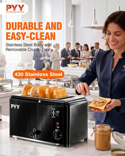 PYY Professional Commercial 6 Slice Toaster - 1800W Stainless Steel Heavy Duty Toaster, 6 Browning Levels, 1.1" Wide Slots, Removable Crumb Tray for Bagels Bread Waffles (Commercial & Home Use), Black