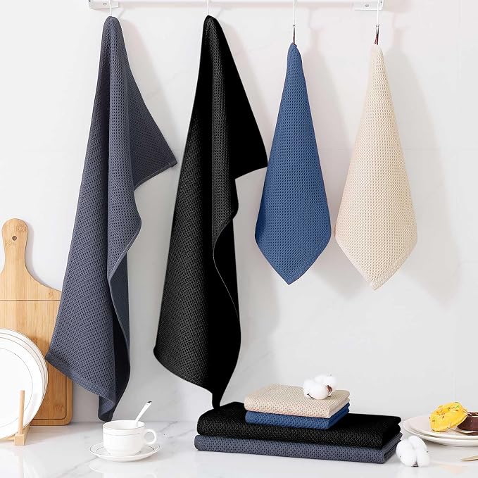 Homaxy 100% Cotton Kitchen Towels and Dishcloths Set, 12 x 12 Inches and 13 x 28 Inches, Set of 8 Bulk Kitchen Towels Set, Ultra Soft Absorbent Dish Cloths for Washing Dishes, Grey/Beige/Blue/Black