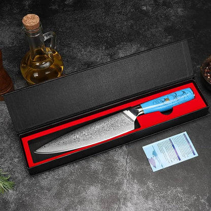 Home Safety Professional Damascus Steel Japanese Chef Knife 8 Inch Kitchen Knife VG-10 Damascus Chef's Knives – Razor Sharp Meat Cleaver with Ergonomic Natural Resin Handle Cooking Knife and Gift Box