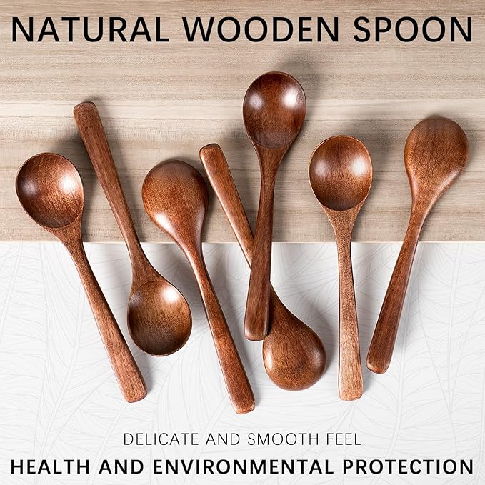 2 PCS Wooden Spoons for Eating, 7 inch Wooden Honey Spoons for Tea, Wood Teaspoons for Stirring Coffee, Hard Wood Table Spoon for Cooking, Small Serving Spoon for Soup, Desserts & Cereal