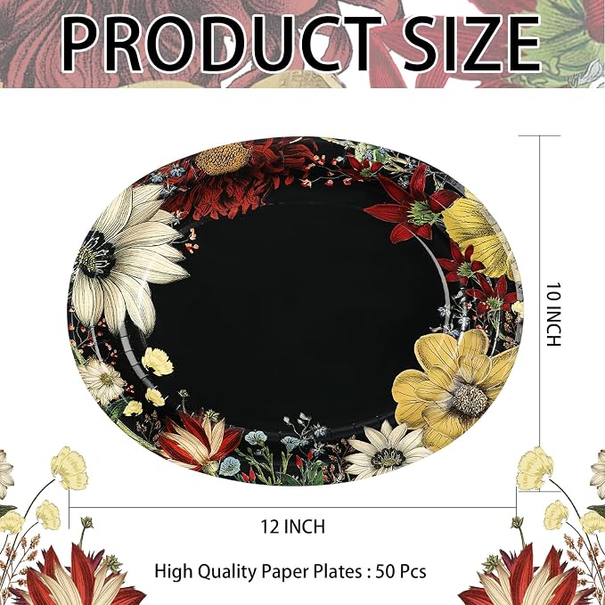 50Pcs Boho Flower Oval Paper Plates 10" x 12" Large Disposable Heavy Duty Black Vintage Floral Dessert Platters for SummerTropical Night Birthday Wedding Bridal Shower Tea BBQ Party Decorations