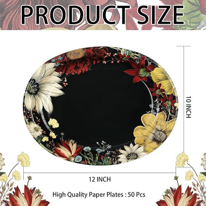 50Pcs Boho Flower Oval Paper Plates 10" x 12" Large Disposable Heavy Duty Black Vintage Floral Dessert Platters for SummerTropical Night Birthday Wedding Bridal Shower Tea BBQ Party Decorations