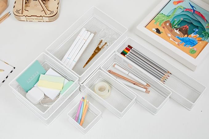 Annova Mesh Stackable Drawer Cabinet and Shelf Organizer Bins Storage Basket School Office Supply Holder Tray- Set of 2 (White, 3x9x2 Inch)