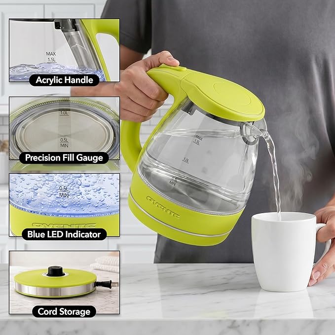 OVENTE Electric Kettle, 1.5L Borosilicate Glass Countertop Water Heater and Boiler for Coffee or Tea, BPA-Free, Auto Shut-Off, Boil-Dry Protection, Removable and Washable Spout Filter, Green KG83G