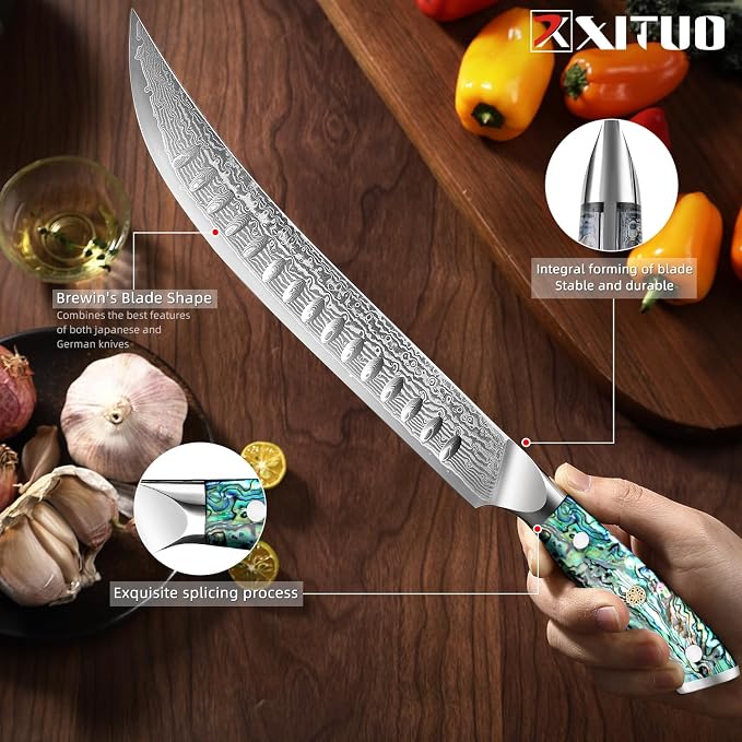 XITUO 10" Cimitar Breaking Butcher Knife, Japanese VG10 Damascus Steel Meat Processing Knife, Full Tang Razor Sharp Blade, Ergonomic Abalone Shell Handle Dazzling Series (10 inch Cimitar Ham knife)