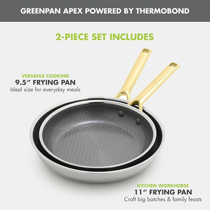 GreenPan Hybrid 9.5” & 11” Nonstick Stainless Steel Frying Pan Set, APEX Tri-Ply Thermobond PFAS-Free Ceramic Skillets, Induction & All Cooktop Compatible, Oven Temp to 850°F, Dishwasher Safe, Gold