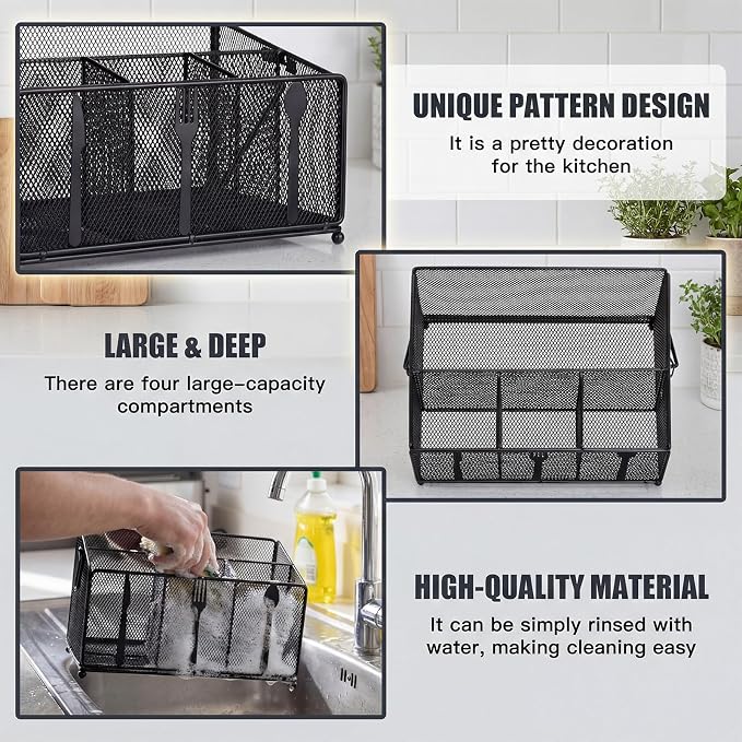 Utensil Caddy for Party, Utensil Organizer Silverware Caddy, 4 Compartment Metal Cutlery Organizer, Fork Spoon Napkin Plate Basket for Kitchen Countertop Buffet Outdoor BBQ Camping Picnic