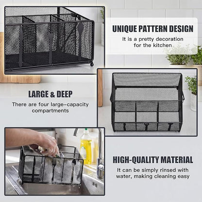 Utensil Caddy for Party, Utensil Organizer Silverware Caddy, 4 Compartment Metal Cutlery Organizer, Fork Spoon Napkin Plate Basket for Kitchen Countertop Buffet Outdoor BBQ Camping Picnic