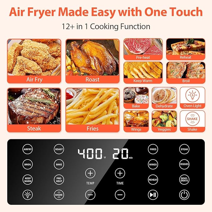 Beelicious Large Air Fryer, 12-in-1 Digital Airfryer with Window, 5.8Qt, 40+ Recipes, Flavor-Lock Tech, Dishwasher Safe,Shake Reminder, Compact, Quiet, Nonstick Air Fryers. Black
