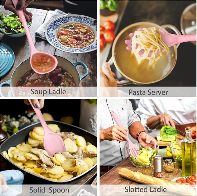 P&P CHEF Silicone Cooking Utensils Set of 7, Heat-proof Kitchen Utensils Set for Nonstick Cookware, Non-stick Spatula, Slotted Turner, Soup Ladle, Pasta Server, Spoon for Cooking Serving - Pink