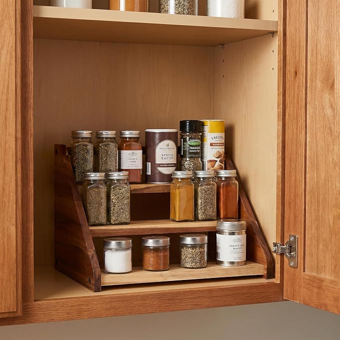 Acacia Wooden Spice Rack Organizer for Cabinet Wood Spice Shelf Organizer for Kitchen Pantry Storage Organizer 3 Tier Countertop
