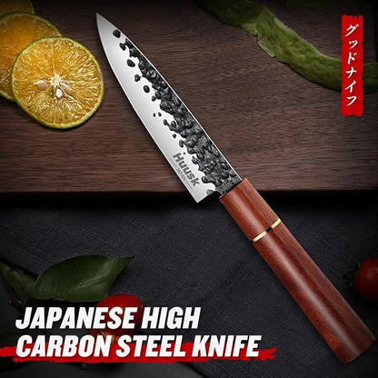 Huusk Japanese Paring Knife 5", Hand Forged Fruit Knife, High Carbon Steel Utility Kitchen Knives, Japanese Petty Chef Knives with Rosewood Handle, Small Peeling Knifes for Vegetable, Gifts Idea