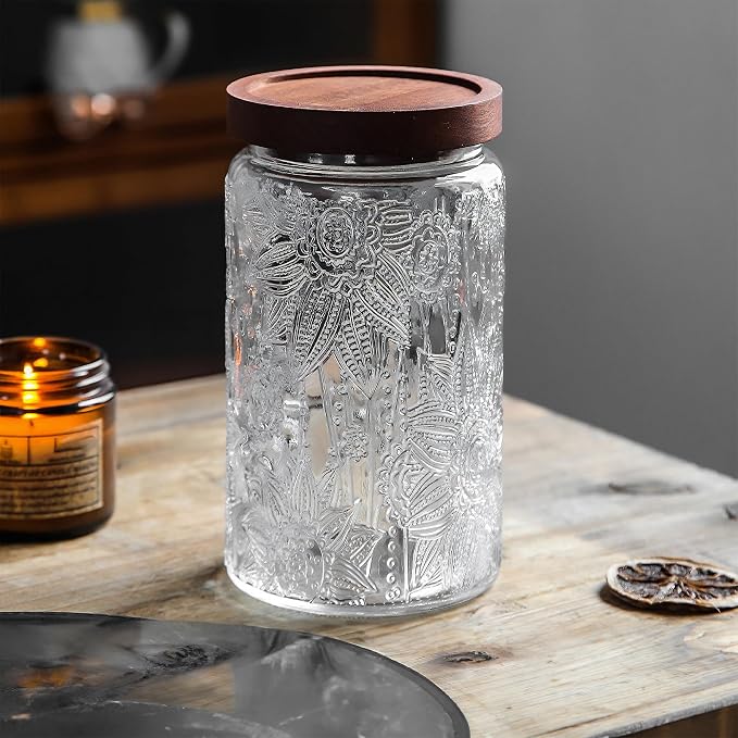 Custde Glass Storage Jars With Airtight Lid, 35oz Container For Kitchen Counter with Wooden Lid, brown sugar, candy, coffee, cookie, salt, tea, cute Jar (35oz Large Sunflower)