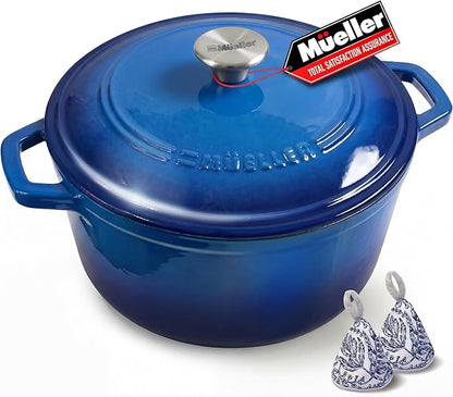 Mueller 6qt Enameled Cast Iron Dutch Oven, Heavy-Duty Casserole and Braiser Pan with Lid and Knob, Oven-Safe up to 500° F & Across All Cooktops, Aqua Blue