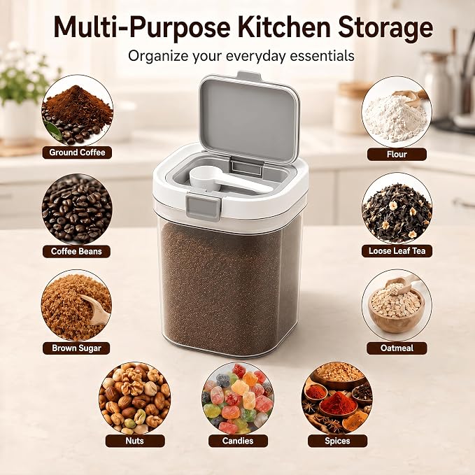 Airtight Brown Sugar Container with Spoon - 44 Fl Oz (1.3L) Clear Storage Jar for Pantry - BPA-Free AS Material Perfect for Ground Coffee (Holds 19 oz Weight), Beans, Flour & Tea
