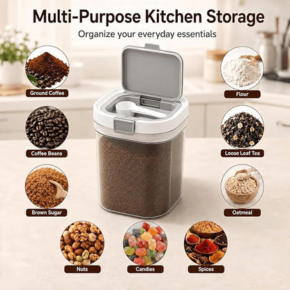 Airtight Brown Sugar Container with Spoon - 44 Fl Oz (1.3L) Clear Storage Jar for Pantry - BPA-Free AS Material Perfect for Ground Coffee (Holds 19 oz Weight), Beans, Flour & Tea