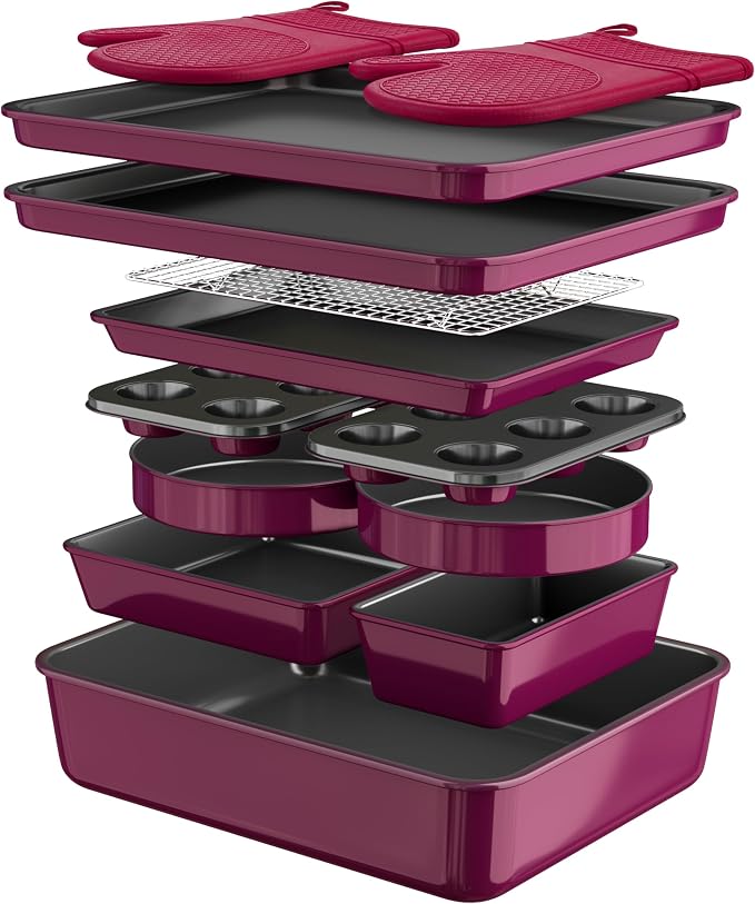 Wildone 13-Piece Baking Pans Set Nonstick - Stackable Bakeware Sets Including Cookie Sheets for Baking, Rack, Muffin Pan, Cake pan, Loaf Pan, Roasting Pan, Heavy Duty & Easy Clean, Plum