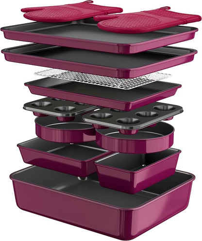Wildone 13-Piece Baking Pans Set Nonstick - Stackable Bakeware Sets Including Cookie Sheets for Baking, Rack, Muffin Pan, Cake pan, Loaf Pan, Roasting Pan, Heavy Duty & Easy Clean, Plum