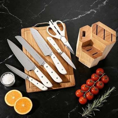 7 Piece Kitchen Knife Block Set, Stainless Steel Knives with Sharpener for Chopping, Dishwasher Safe (burlywood)