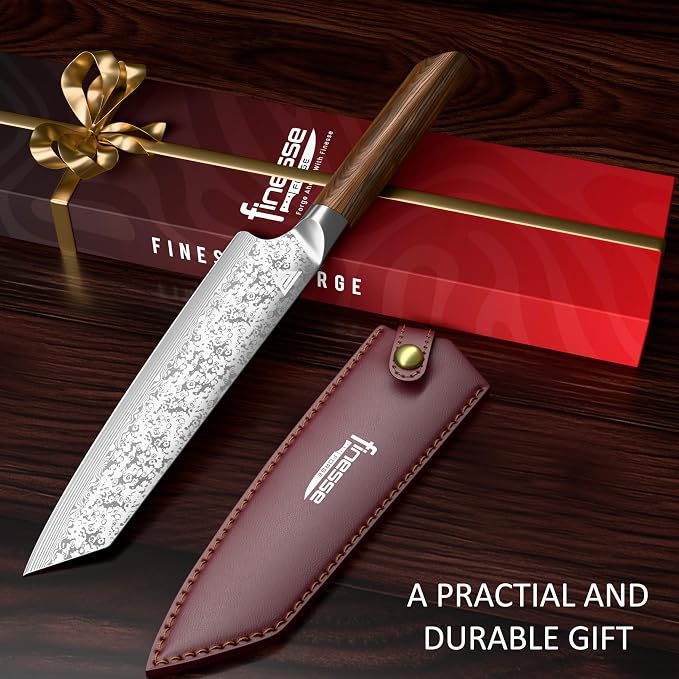 8" Professional Chef Knife - 67-Layer Damascus Steel with Pakka Wood Handle - Premium Kitchen Knife for Home & Professional Cooking with Leather Sheath & Gift Box